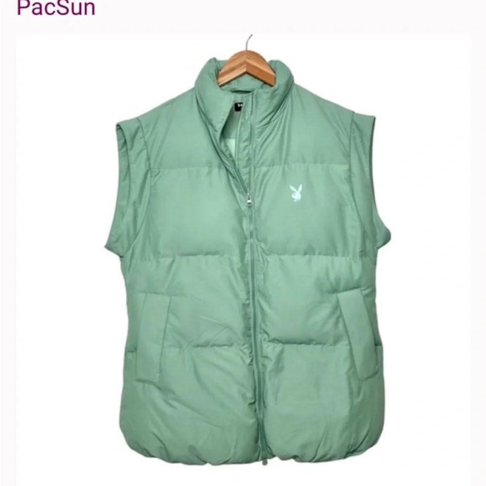 Pacsun‎ x Playboy Collab Puffer Vest Size XS/S Sage Green Logo Oversized